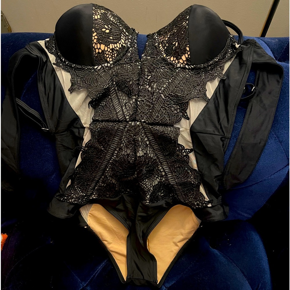 Full Black Sexy One Piece Swimsuit Size XL